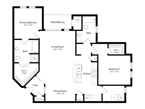 Floor plan for 2 beds, 2 baths, 1315 sqft